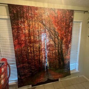 Autumn Forest Print Curtains 84x35” 2 panels Photo Tapestry Orange red light